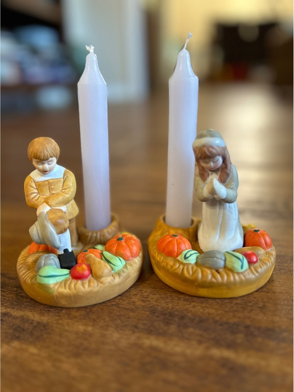 Vintage Thanksgiving Harvest Candle Holders with Boy and Girl Figurines